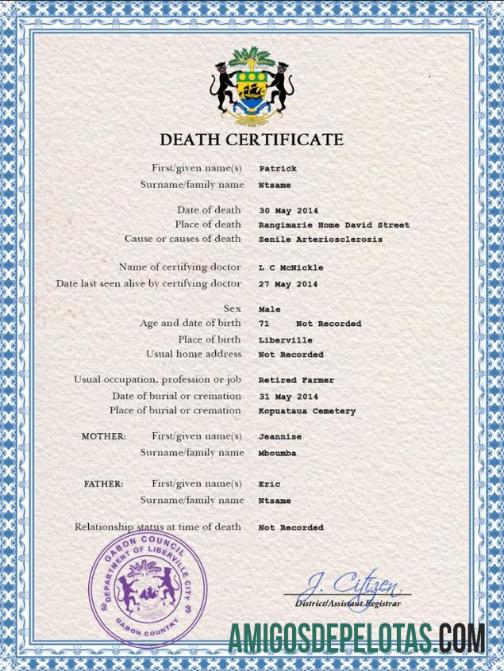 Imprimível modelo PSD de certidão de óbito de registro vital do Gabão